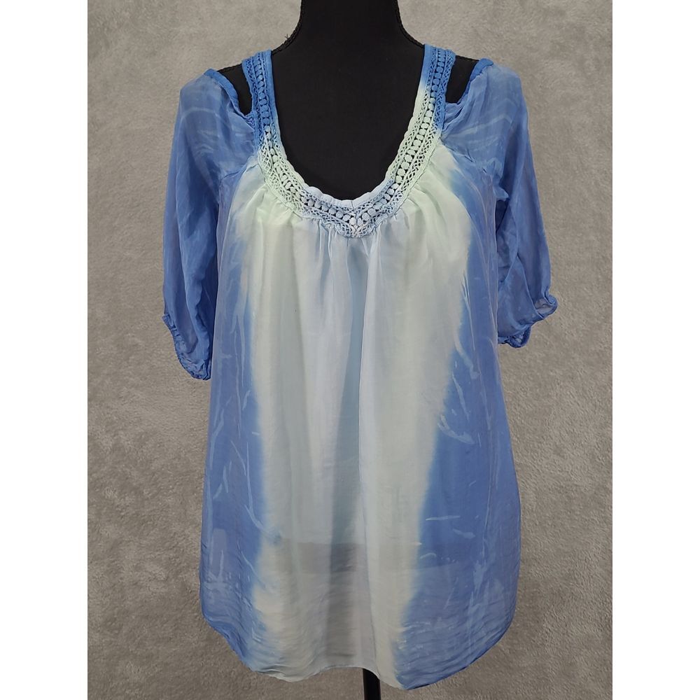 Belle France Cut Out Shoulder Ethereal Silk Blouse Sz S Blue Made in Italy Ombre